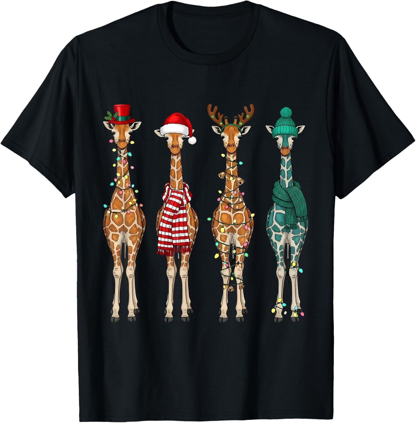 Cute Christmas Giraffe Santa Hat Xmas Lights Holiday Animal T-Shirt - T-Shirt | Black
