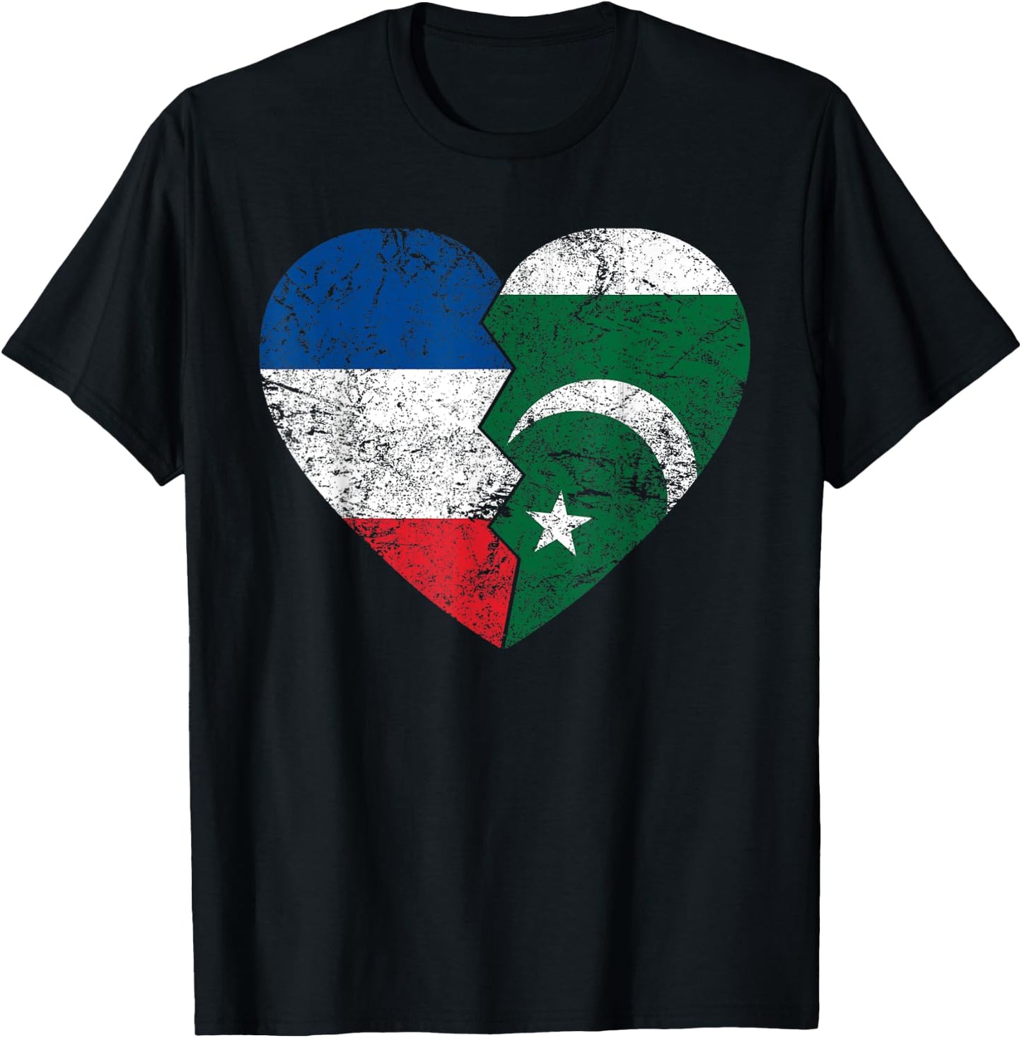 French Pakistani Heart Flag | France Pakistan Roots Vintage , Black, S T-Shirt - T-Shirt | Black