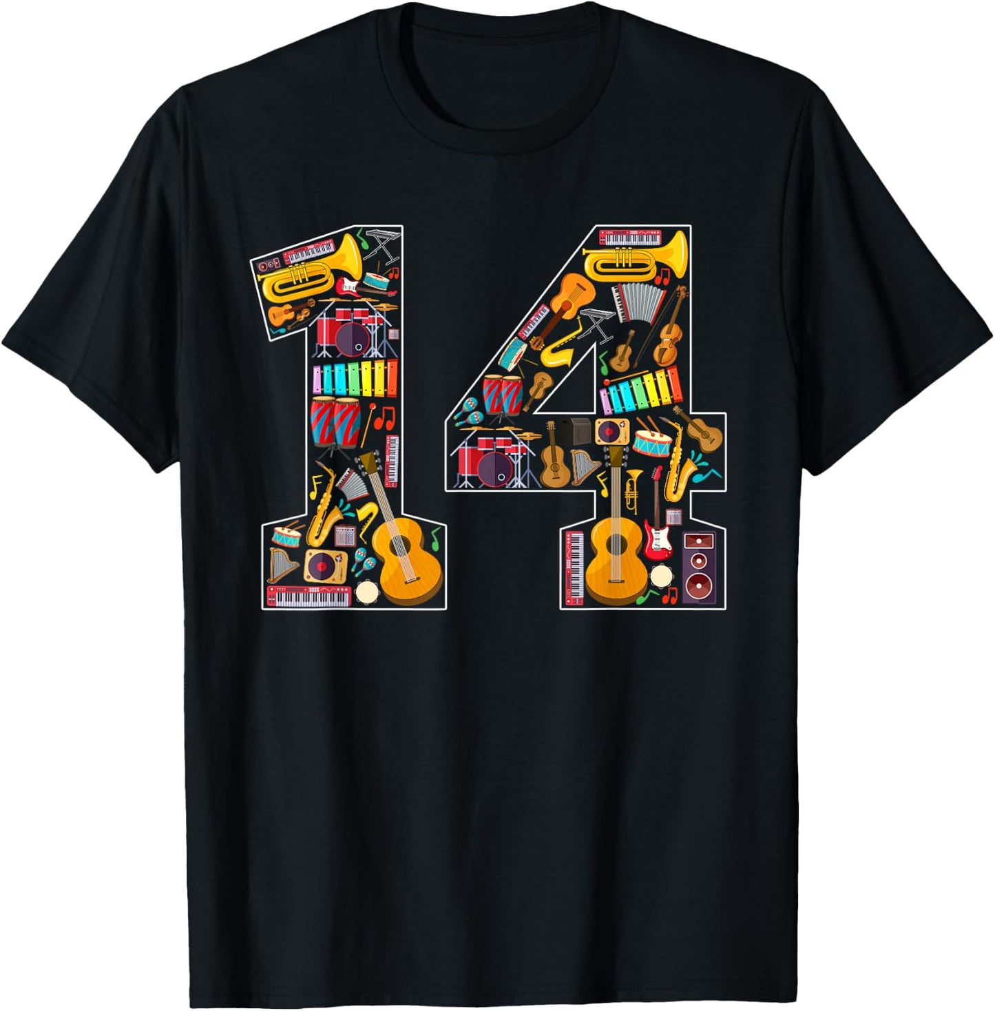 14th Birthday Musical Instruments Theme 14 Year Old Party T-Shirt - T-Shirt | Black
