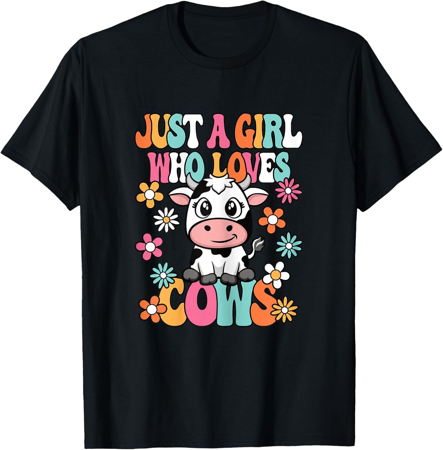 Just A Girl Who Loves Cows Cute Groovy Cow Lover Girls Kids T-Shirt - T-Shirt | Black