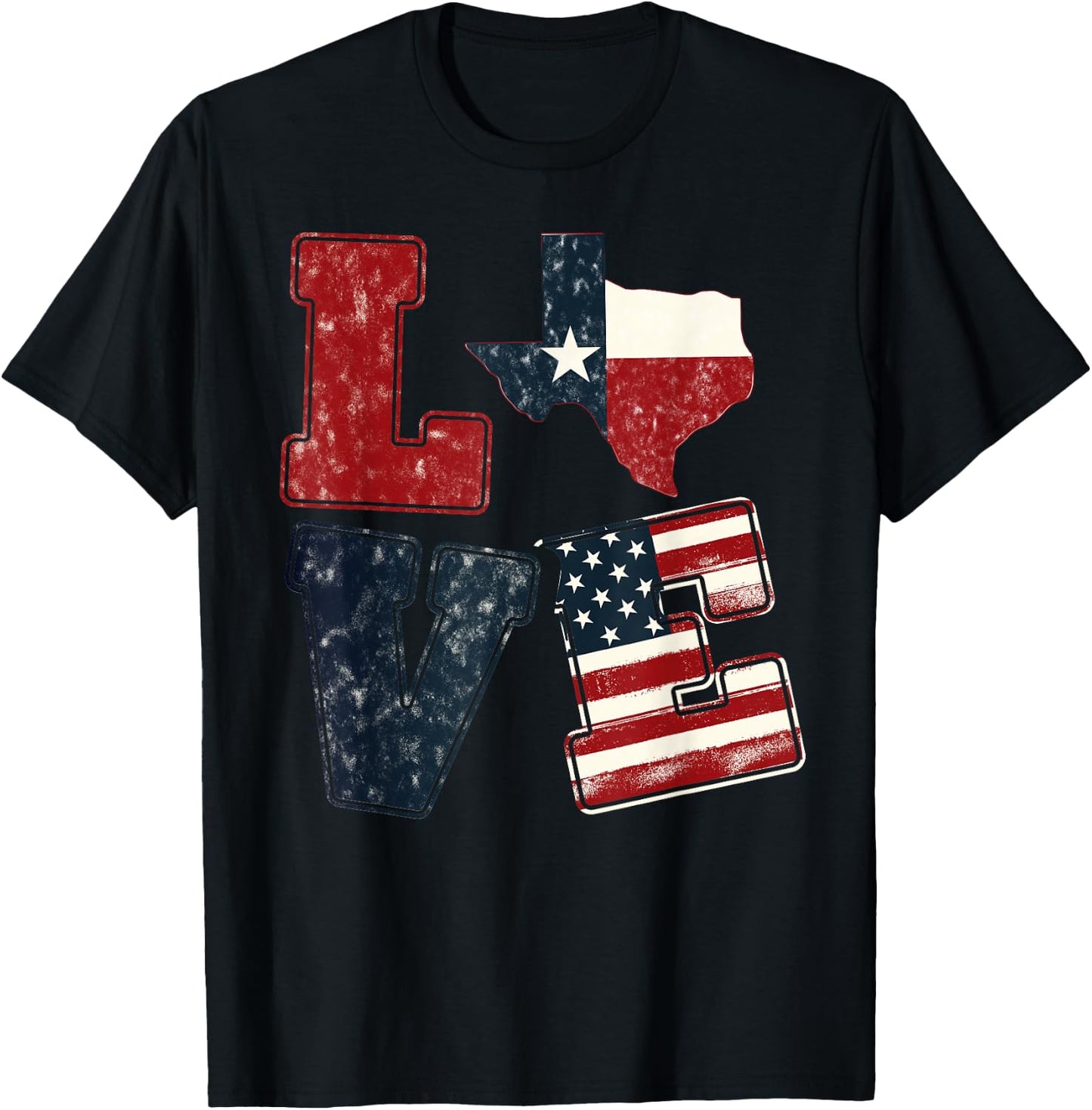 Distressed Retro TX 4th July American Flag I Love Texas Flag T-Shirt - T-Shirt | Black