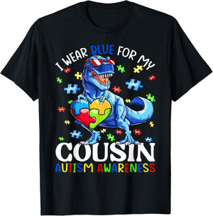 I Wear Blue For My Cousin Autism Awareness Dinosaur Boys T-Shirt - T-Shirt | Black