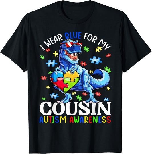 I Wear Blue For My Cousin Autism Awareness Dinosaur Boys T-Shirt - T-Shirt | Black