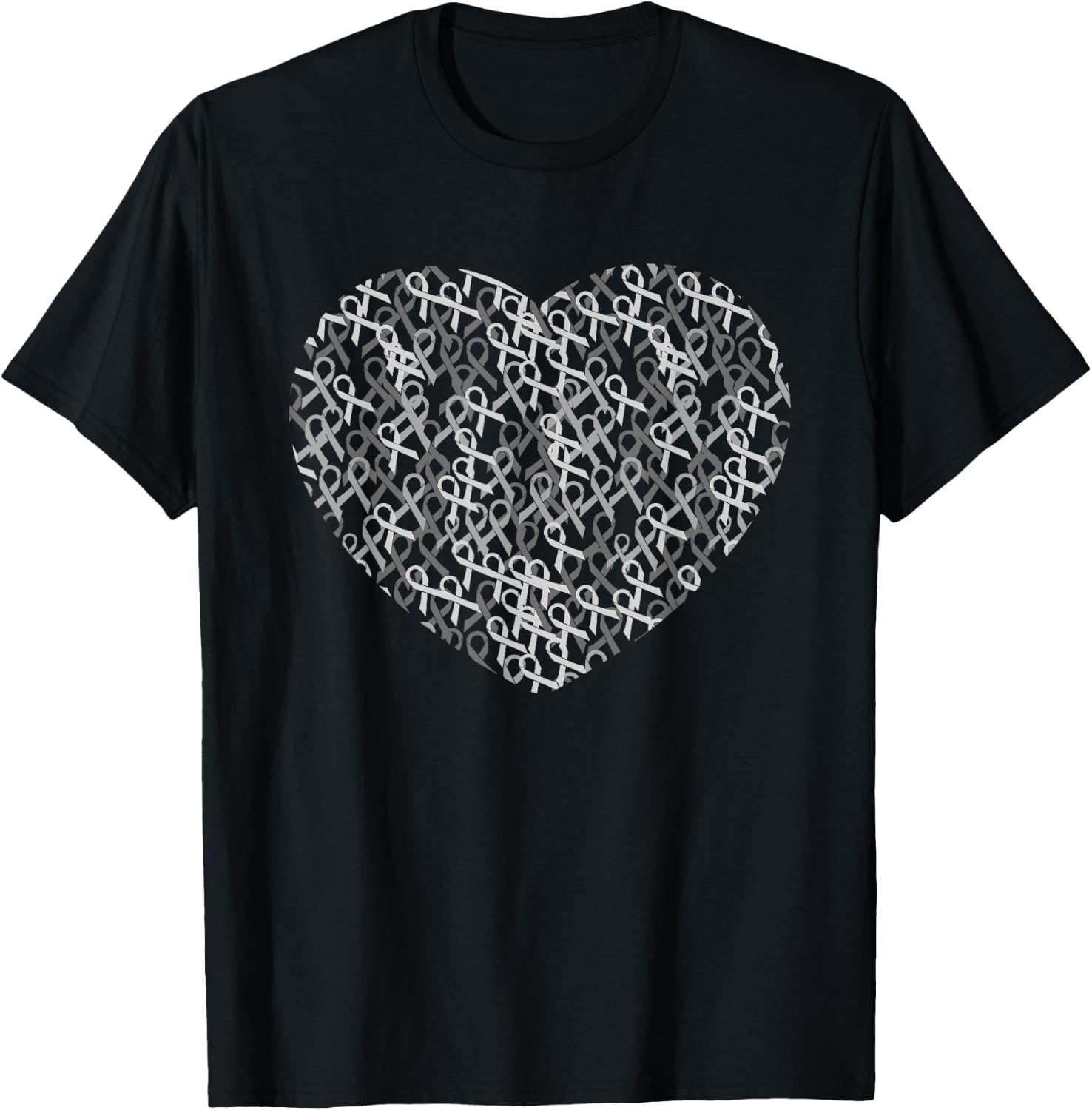 Brain Cancer Awareness Gray Ribbon Heart Brain Tumor Support T-Shirt - T-Shirt | Black