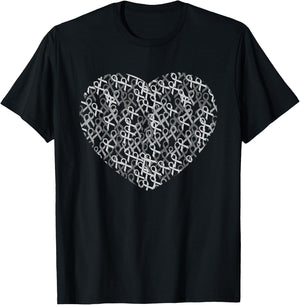 Brain Cancer Awareness Gray Ribbon Heart Brain Tumor Support T-Shirt - T-Shirt | Black