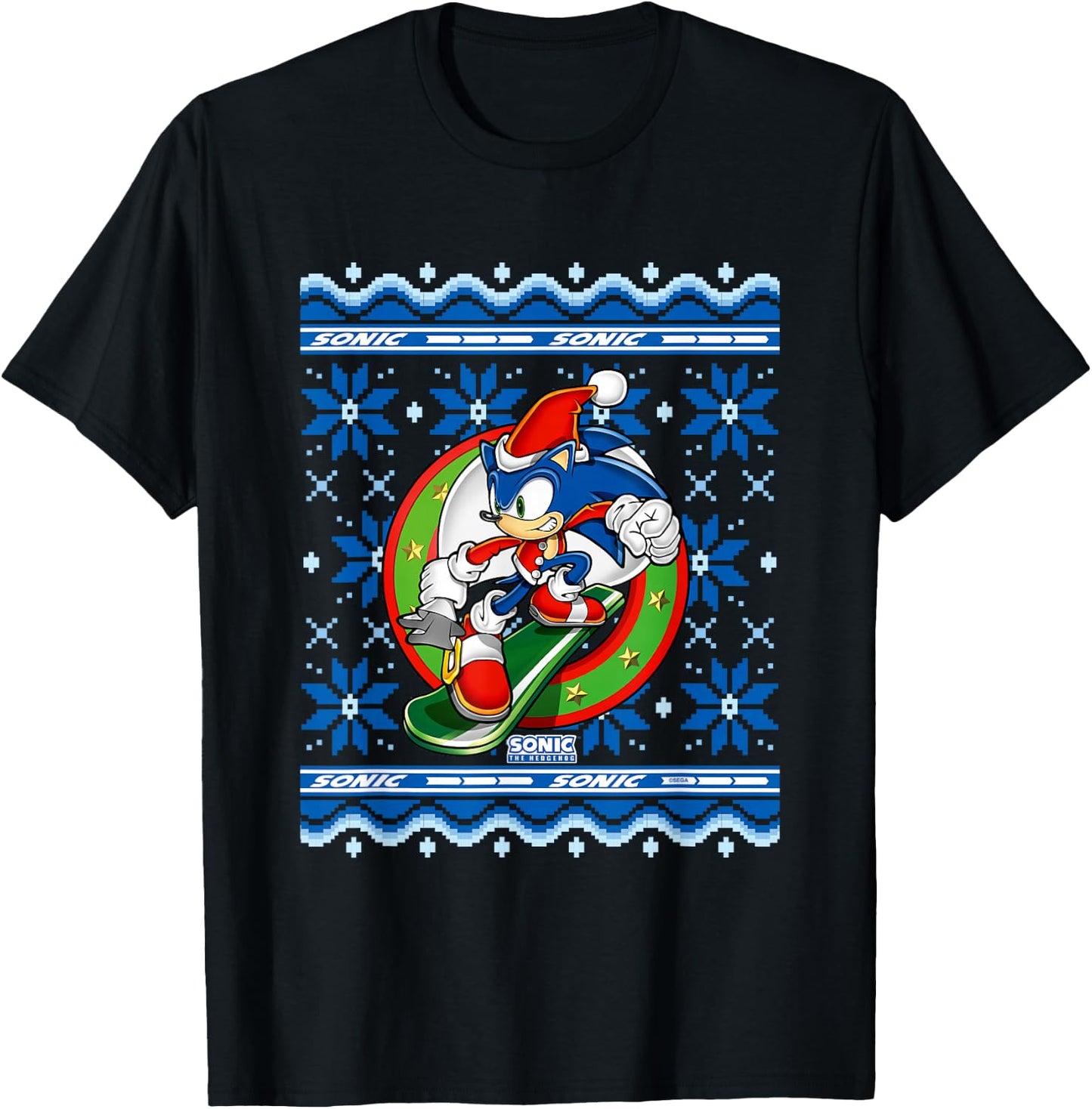 Sonic The Hedgehog Christmas Shredding Sonic Ugly Sweater T-Shirt - T-Shirt | Black