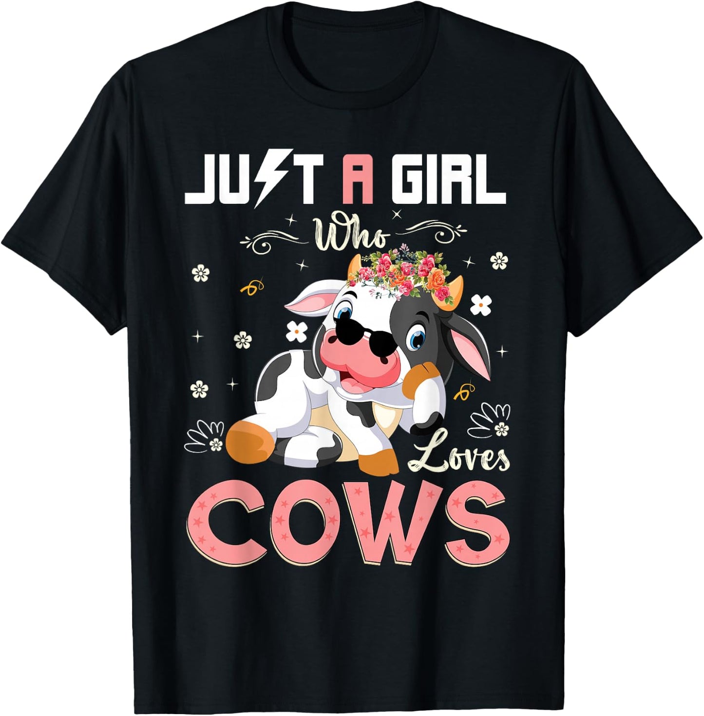 Just A Girl Who Loves Cows Cute Strawberry Cow Cowgirl Print T-Shirt - T-Shirt | Black