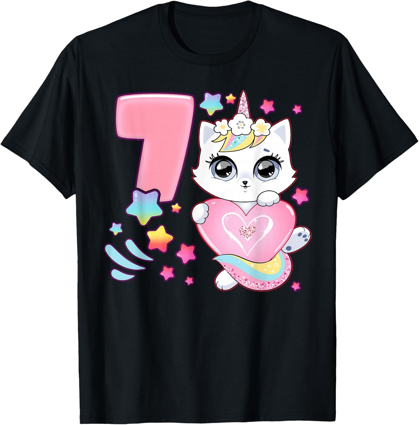 Geburtstag Mädchen 7 Jahre, Katze, Einhorn, 7. Geburtstag T-Shirt - T-Shirt | Black