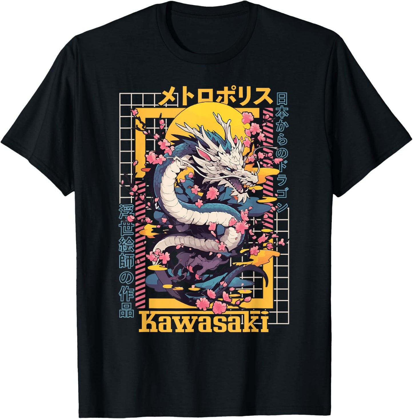 Kawasaki City Synthwave 80s Dragon Asian Vaporwave T-Shirt - T-Shirt | Black