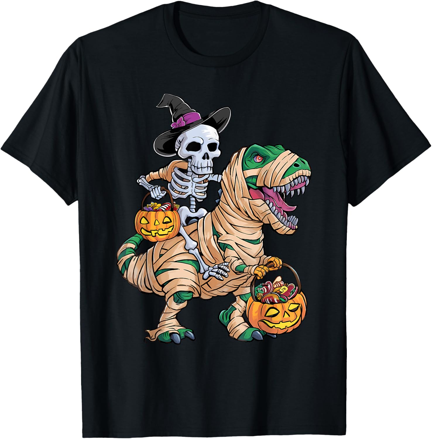 Skeleton Riding Mummy Dinosaur T rex Halloween Funny Kid Boy T-Shirt - T-Shirt | Black