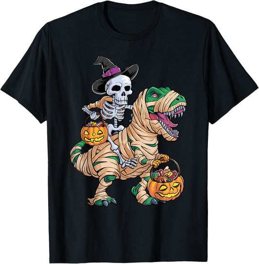 Skeleton Riding Mummy Dinosaur T rex Halloween Funny Kid Boy T-Shirt - T-Shirt | Black