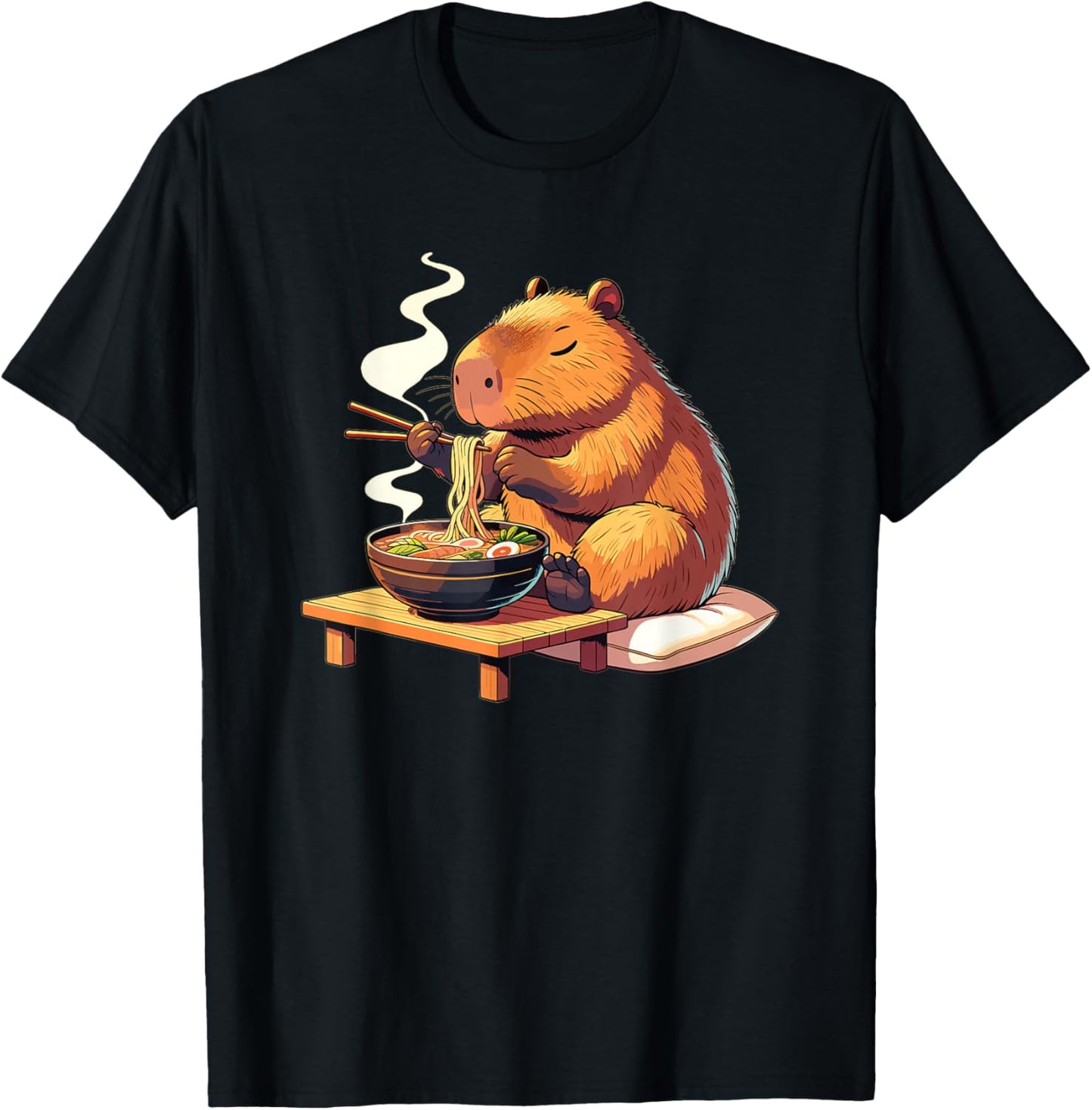 Cute Capybara Eats Ramen Noodles Capybaras Ramen , black T-Shirt - T-Shirt | Black