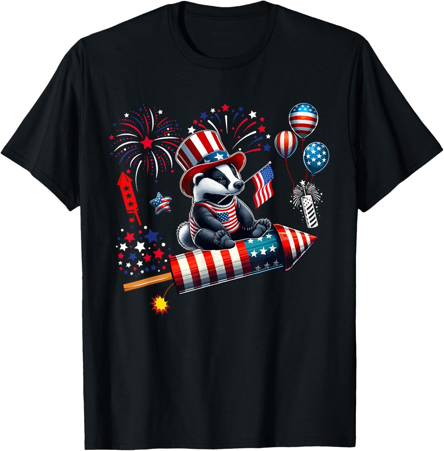 Badger Riding Firecracker US Flag 4th Of July Fireworks T-Shirt - T-Shirt | Black