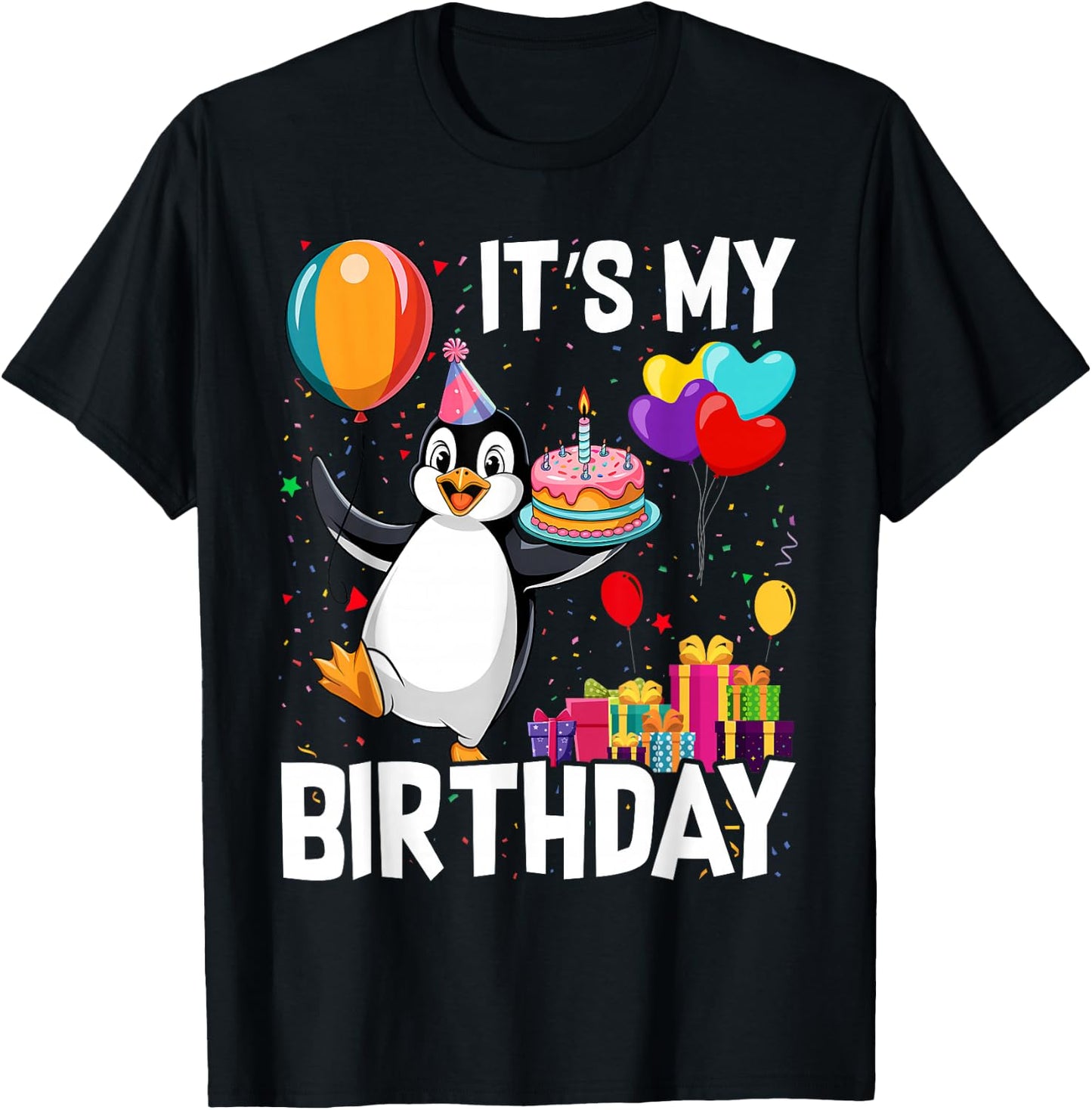 Penguin Birthday Balloons Kids Birthday Party Cute Penguin T-Shirt - T-Shirt | Black