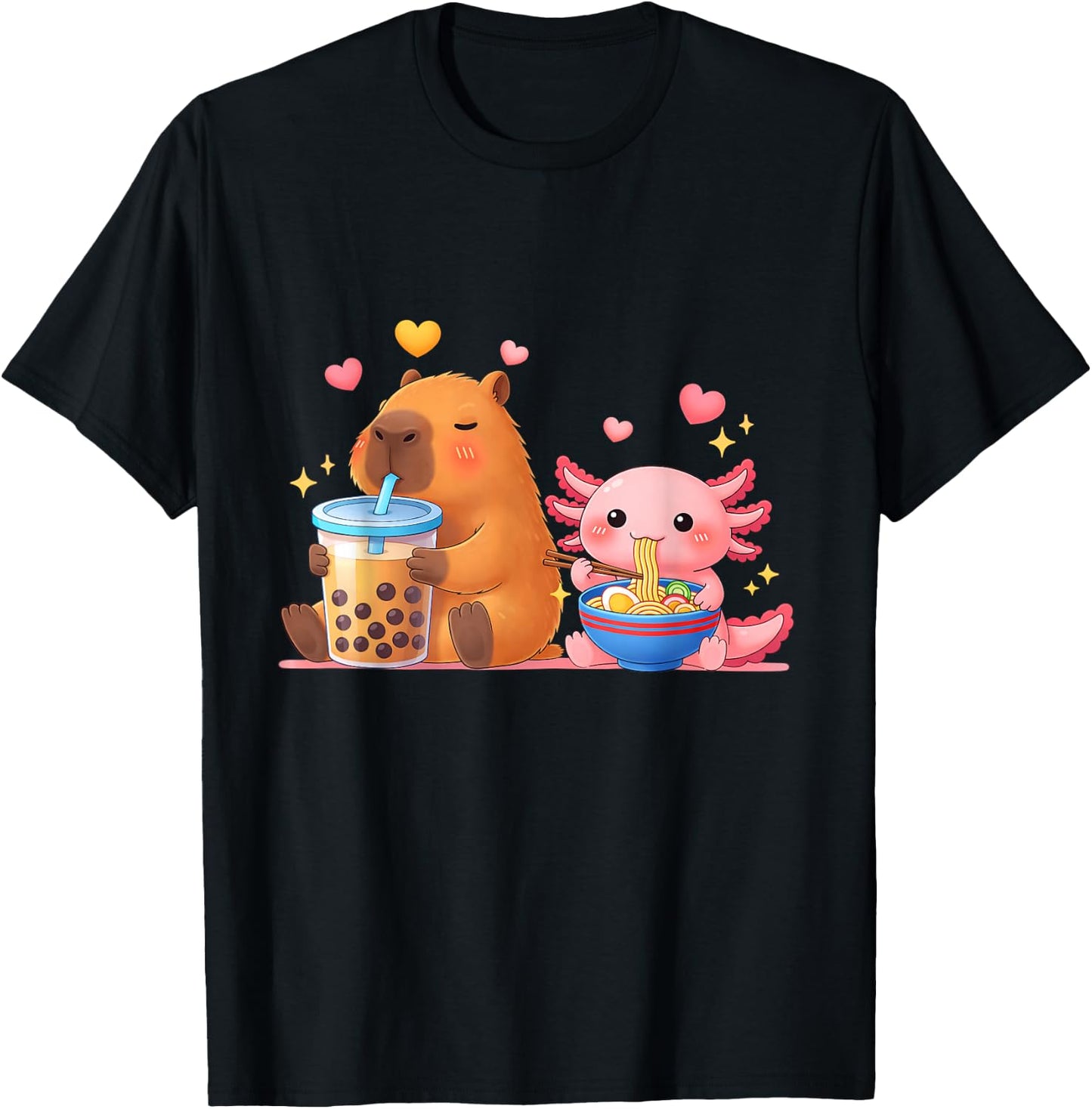 Cute Capybara Drink Boba Tea and Axolotl Eat Ramen Noodles T-Shirt - T-Shirt | Black