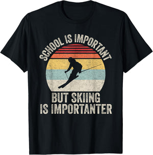 Vintage Retro School Is Important But Skiing Is Importanter T-Shirt - T-Shirt | Black