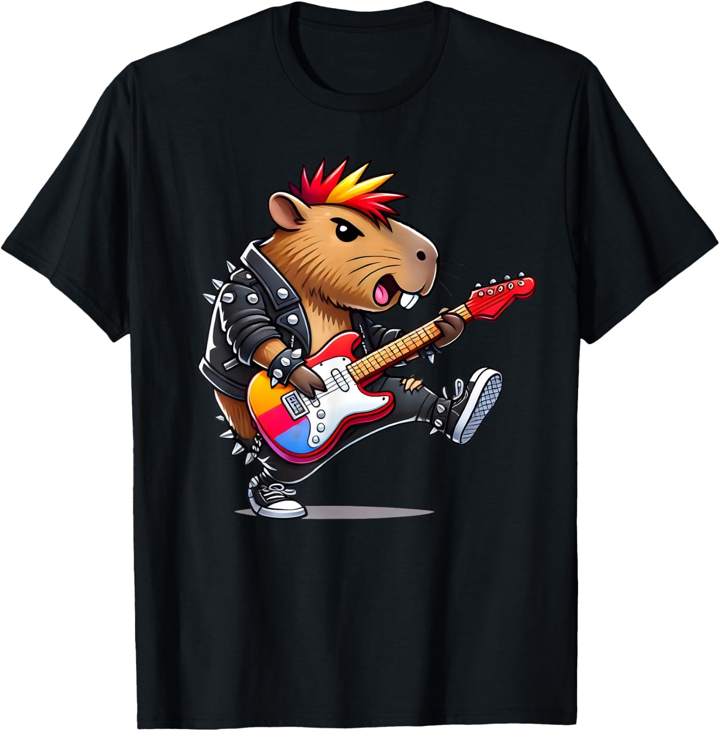 Cute Punk Capybara, Rock'n Roll Goth Capibara, Guitar Band T-Shirt - T-Shirt | Black