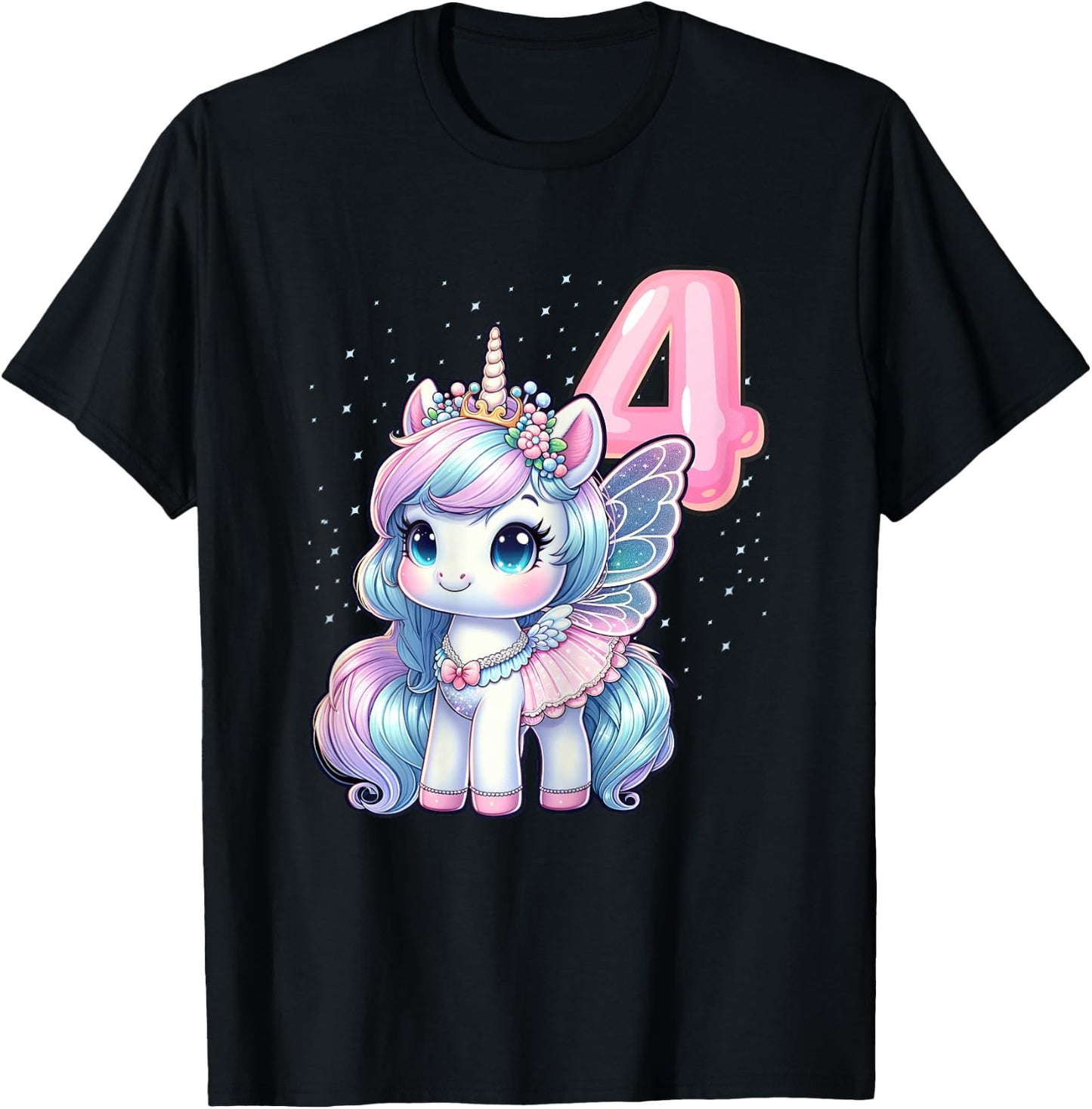 Unicorn Fairy 4th Birthday 4 Year Old Party Girls Outfit T-Shirt - T-Shirt | Black