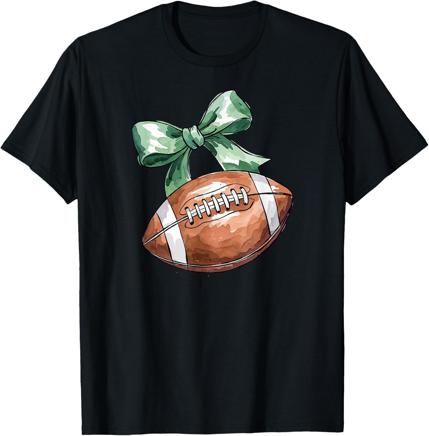 Coquette Football with Green Bow, Cute Team Spirit Sports T-Shirt - T-Shirt | Black