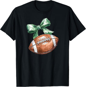 Coquette Football with Green Bow, Cute Team Spirit Sports T-Shirt - T-Shirt | Black