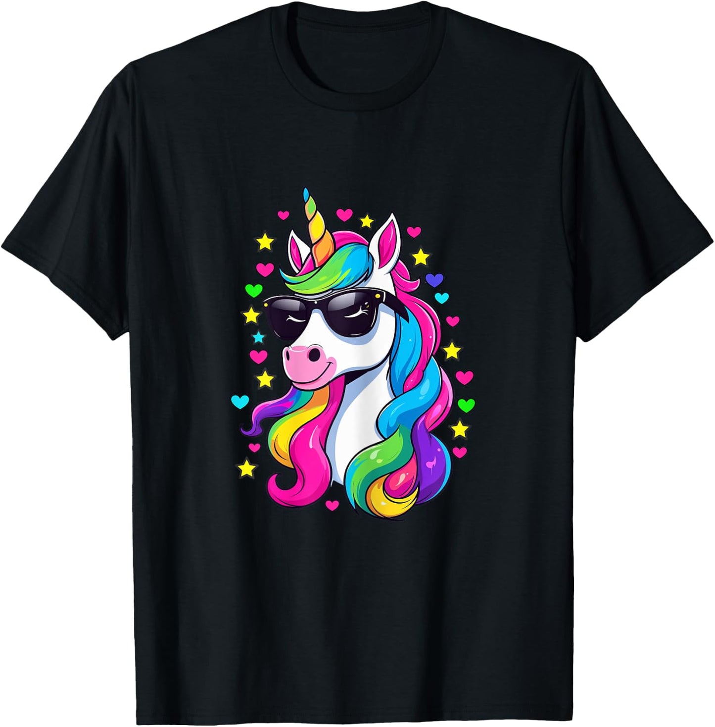 Colorful Unicorn Wearing Sunglasses Hearts and Stars T-Shirt - T-Shirt | Black