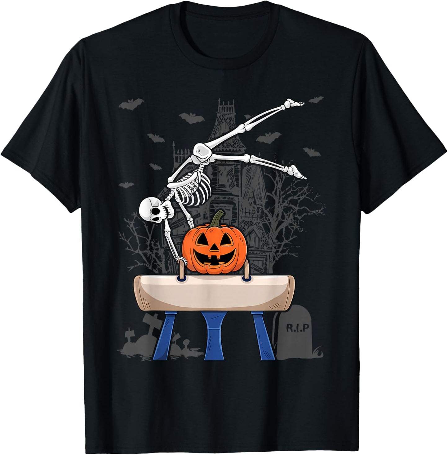 Skeleton Gymnastics Halloween Pumpkin Horizontal Bar T-Shirt - T-Shirt | Black