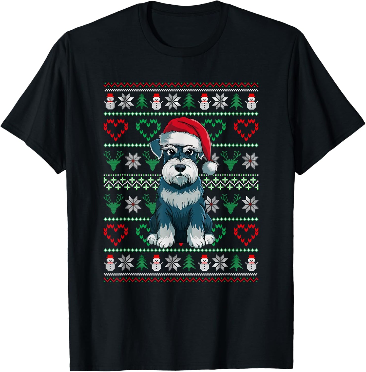 Ugly Christmas Schnauzer Dog Wearing Santa Hat Xmas Pajama T-Shirt - T-Shirt | Black