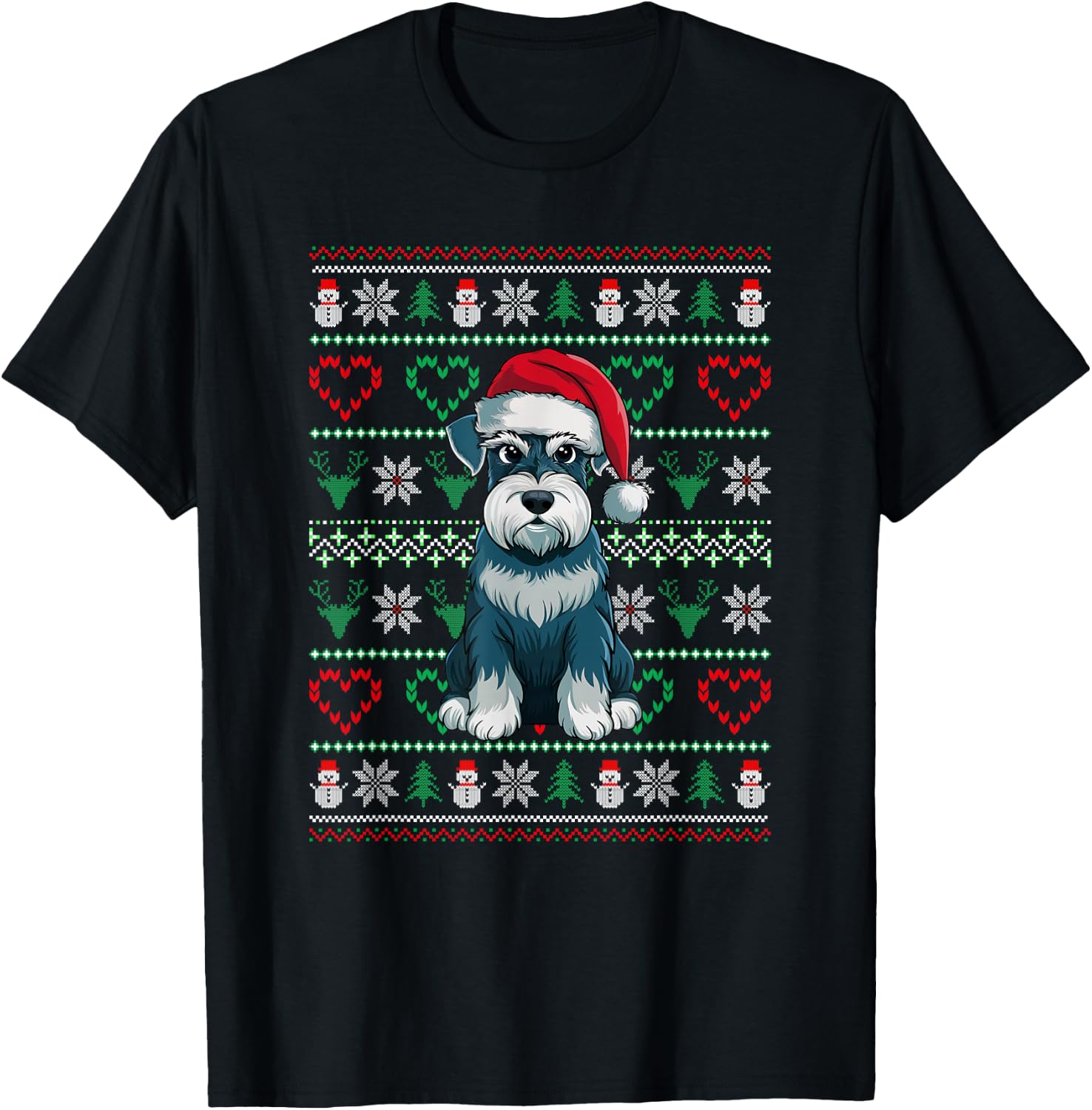 Ugly Christmas Schnauzer Dog Wearing Santa Hat Xmas Pajama T-Shirt - T-Shirt | Black