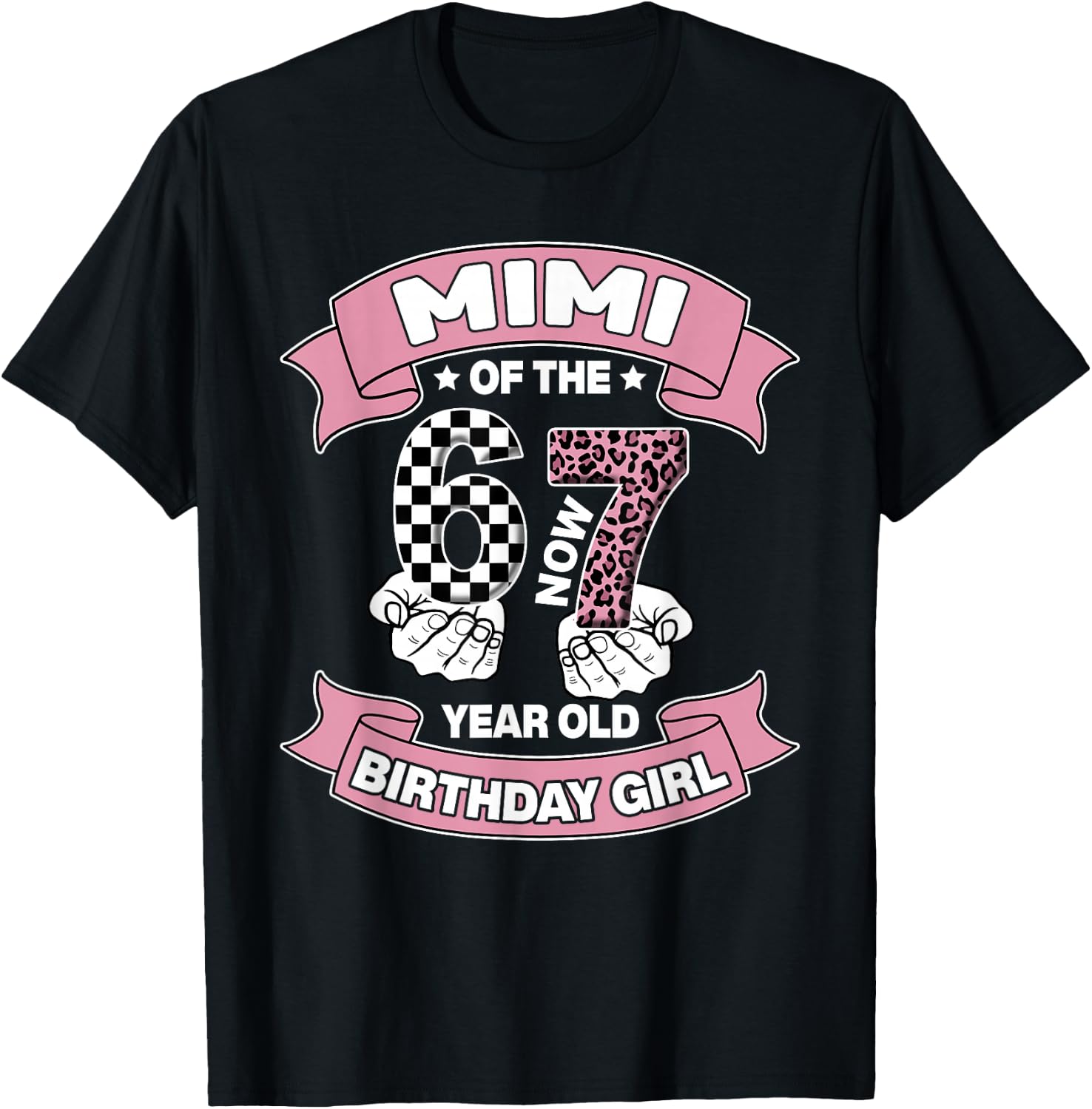 Mimi 67 Birthday 7 Years Old Ribbon Leopard Family T-Shirt - T-Shirt | Black