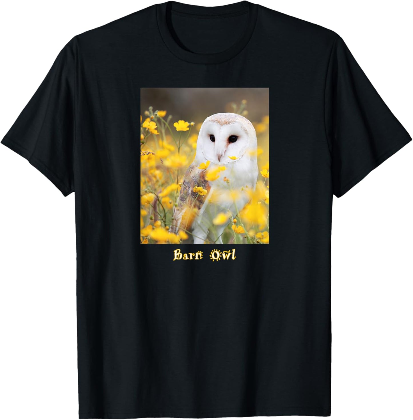 Barn Owl In Field Of Bright Yellow Flowers T-Shirt - T-Shirt | Black