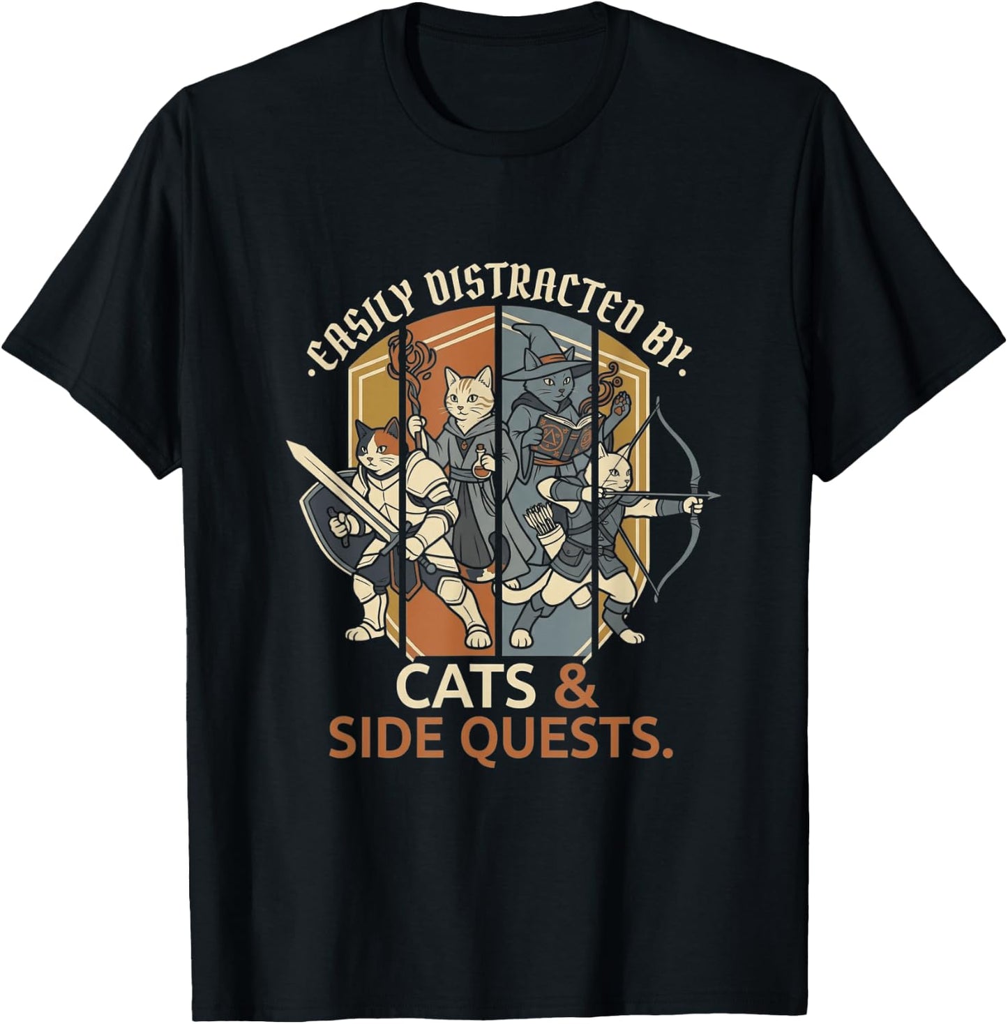 Easily Distracted By Cats and Side Quests Funny RPG Gamer T-Shirt - T-Shirt | Black