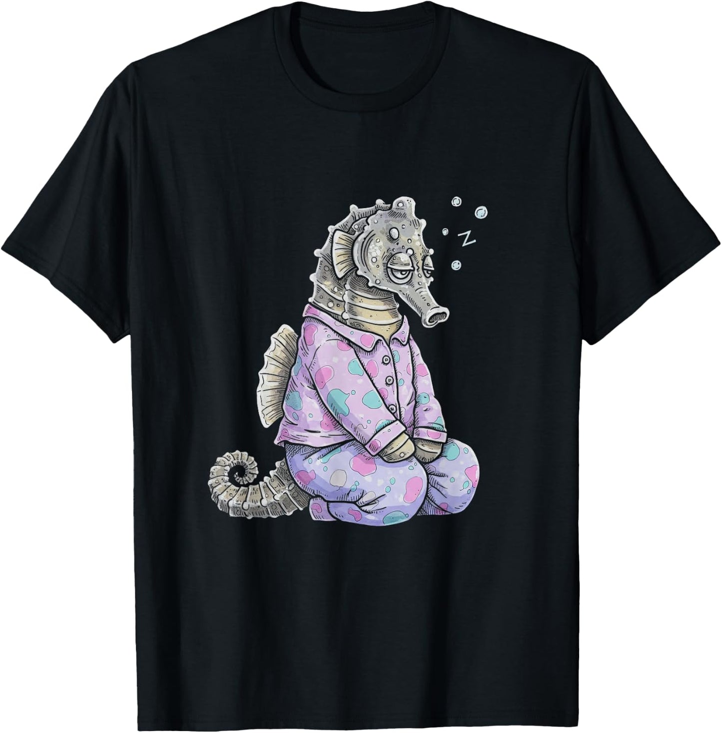 Funny Sleepy Seahorse Pyjamas and Girls T-Shirt - T-Shirt | Black