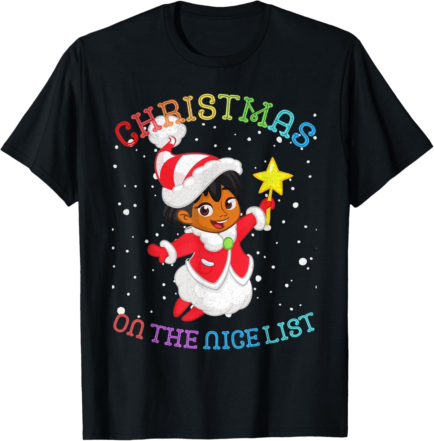 Christmas African American Girl Angel: On the Nice List T-Shirt - T-Shirt | Black