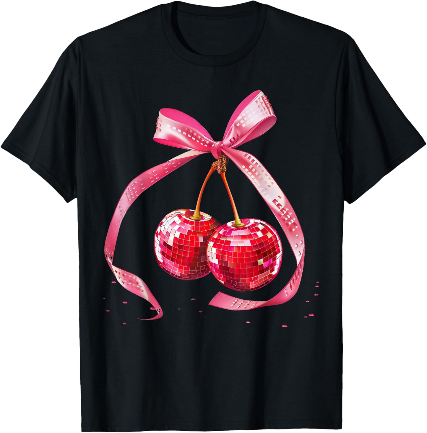 Coquette Preppy Pink Bow Cherry Disco Ball Y2K Aesthetic , black, S T-Shirt - T-Shirt | Black