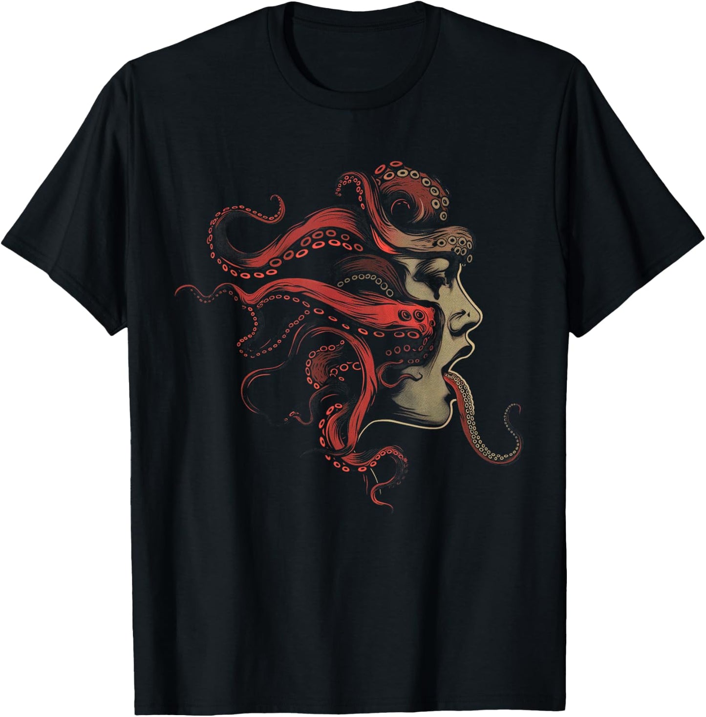 Weirdcore Aesthetic Octopus Woman Face Creepy Strangecore T-Shirt - T-Shirt | Black