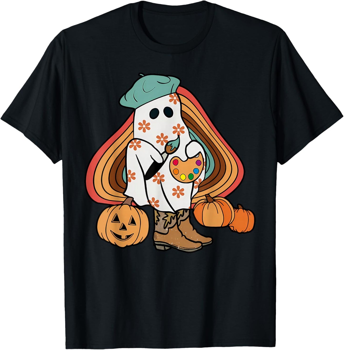 Art Teacher Painting Brushes Retro Pumpkin Ghost Artist T-Shirt - T-Shirt | Black