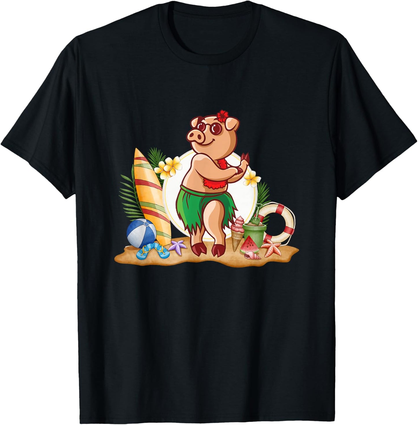 Hawaiian Luau Pig Drinking Coconut Summer Vacation T-Shirt - T-Shirt | Black