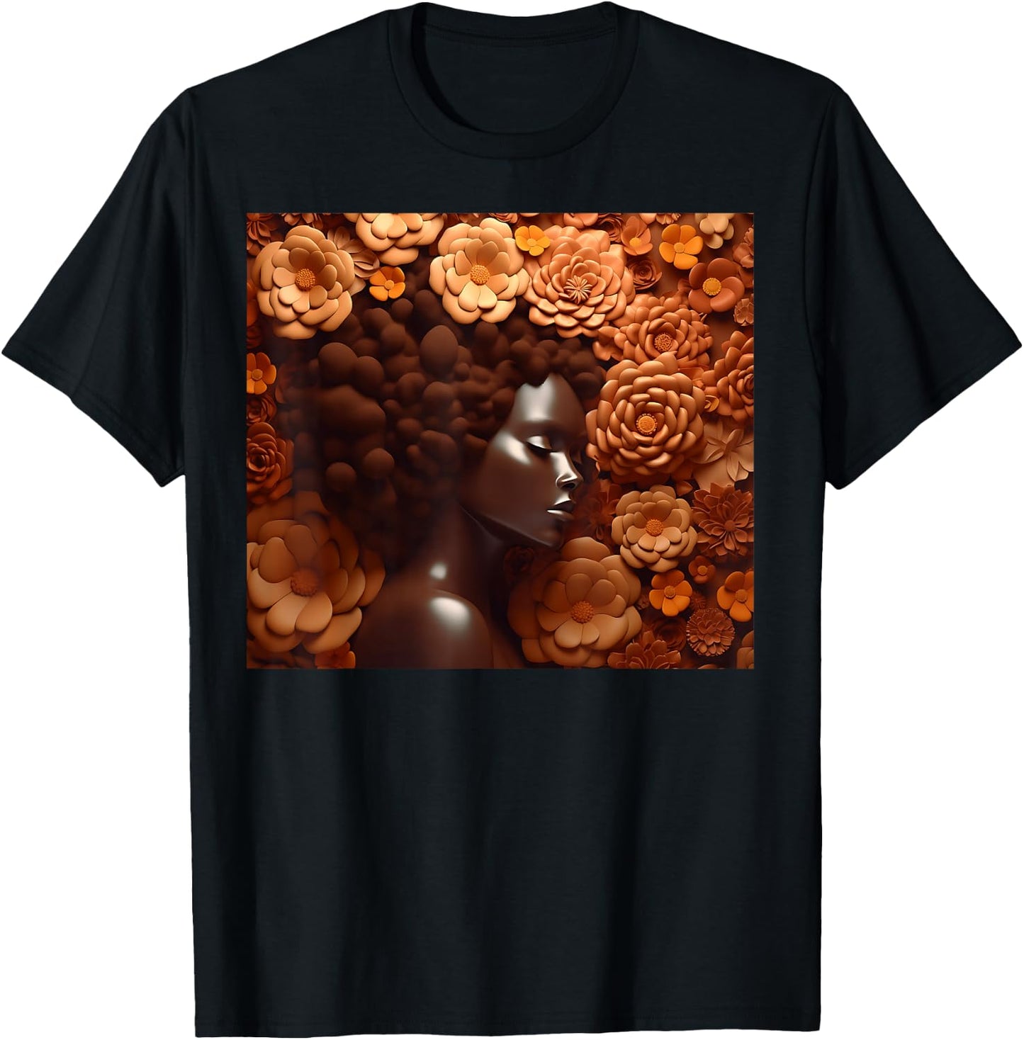 Afro Woman Floral Black Queen Puff Art Melanin Magic Orange T-Shirt - T-Shirt | Black