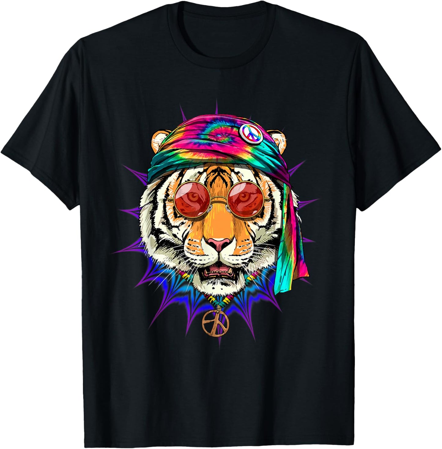 Tie Dye Hippie Tiger Hippiness Peace Love Tiger T-Shirt - T-Shirt | Black