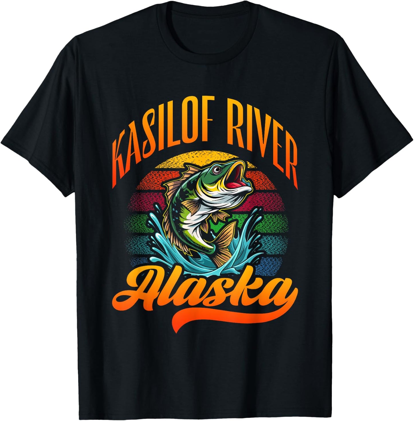 KASILOF RIVER, ALASKA, a Fishing Retro Sunset Design T-Shirt - T-Shirt | Black