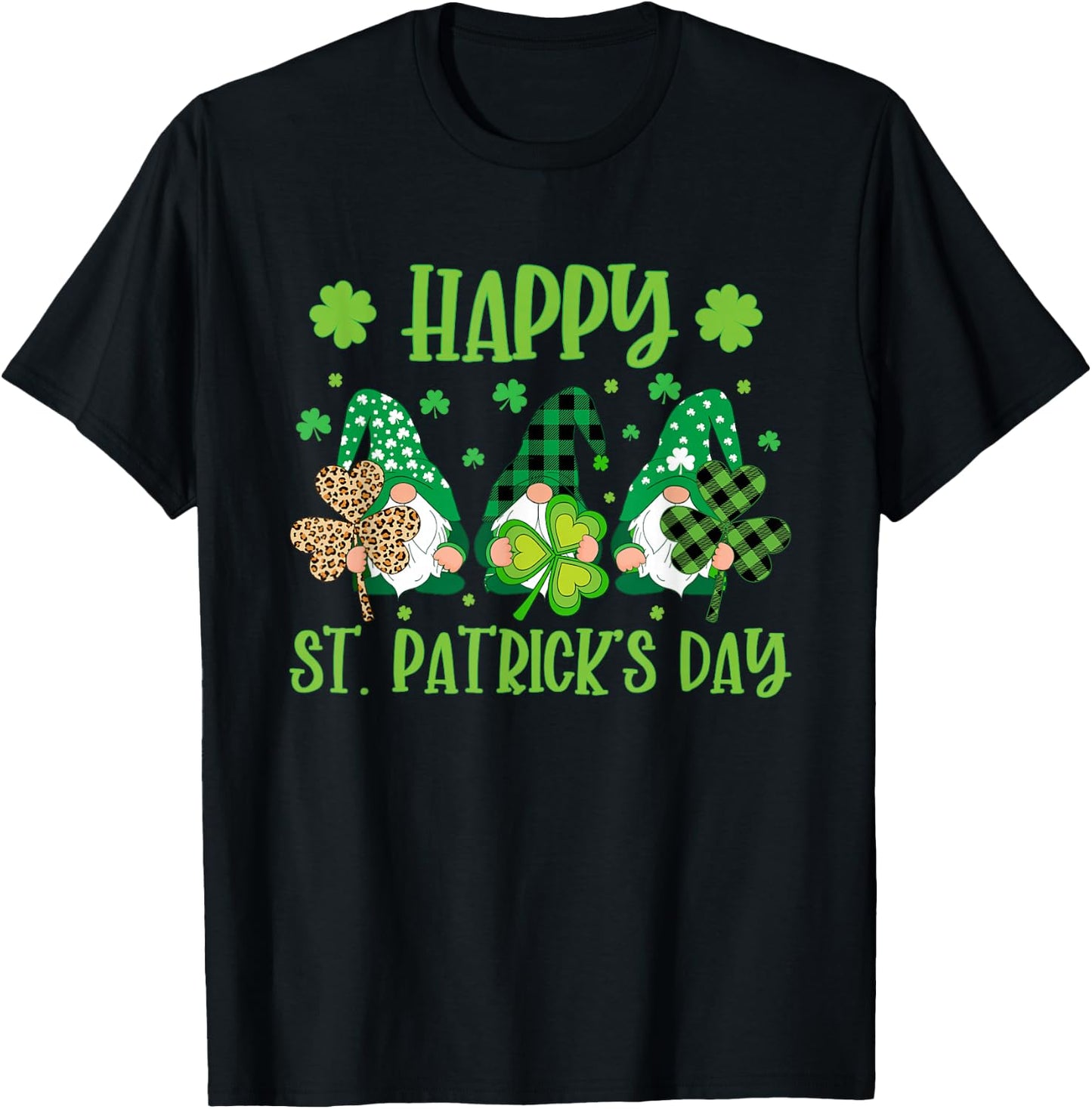 Gnomes Holding Shamrock Green Plaid Leopard St Patrick's Day T-Shirt - T-Shirt | Black