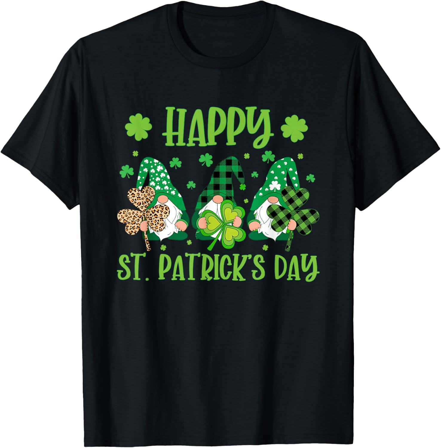 Gnomes Holding Shamrock Green Plaid Leopard St Patrick's Day T-Shirt - T-Shirt | Black