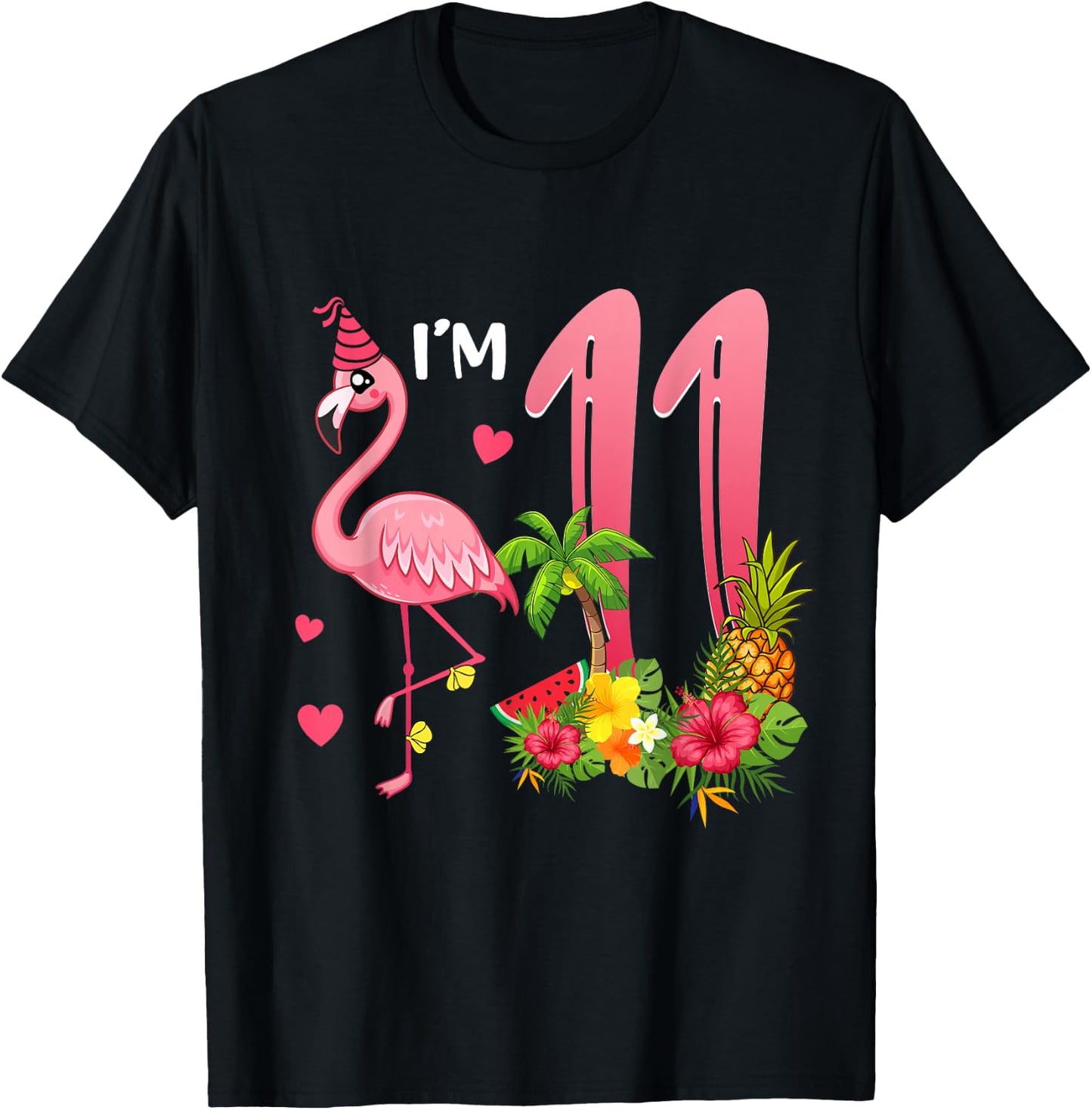 I'm 11 Year Old Flamingo Tropical Theme 11th Birthday Girl T-Shirt - T-Shirt | Black