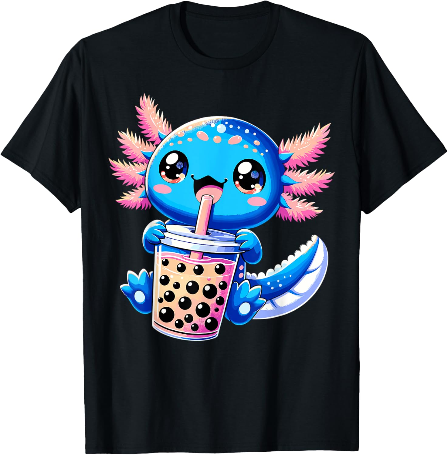Axolotl Bubble Boba Tea Anime Cute Kawaii Blue Axolotl T-Shirt - T-Shirt | Black