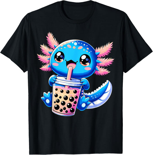 Axolotl Bubble Boba Tea Anime Cute Kawaii Blue Axolotl T-Shirt - T-Shirt | Black