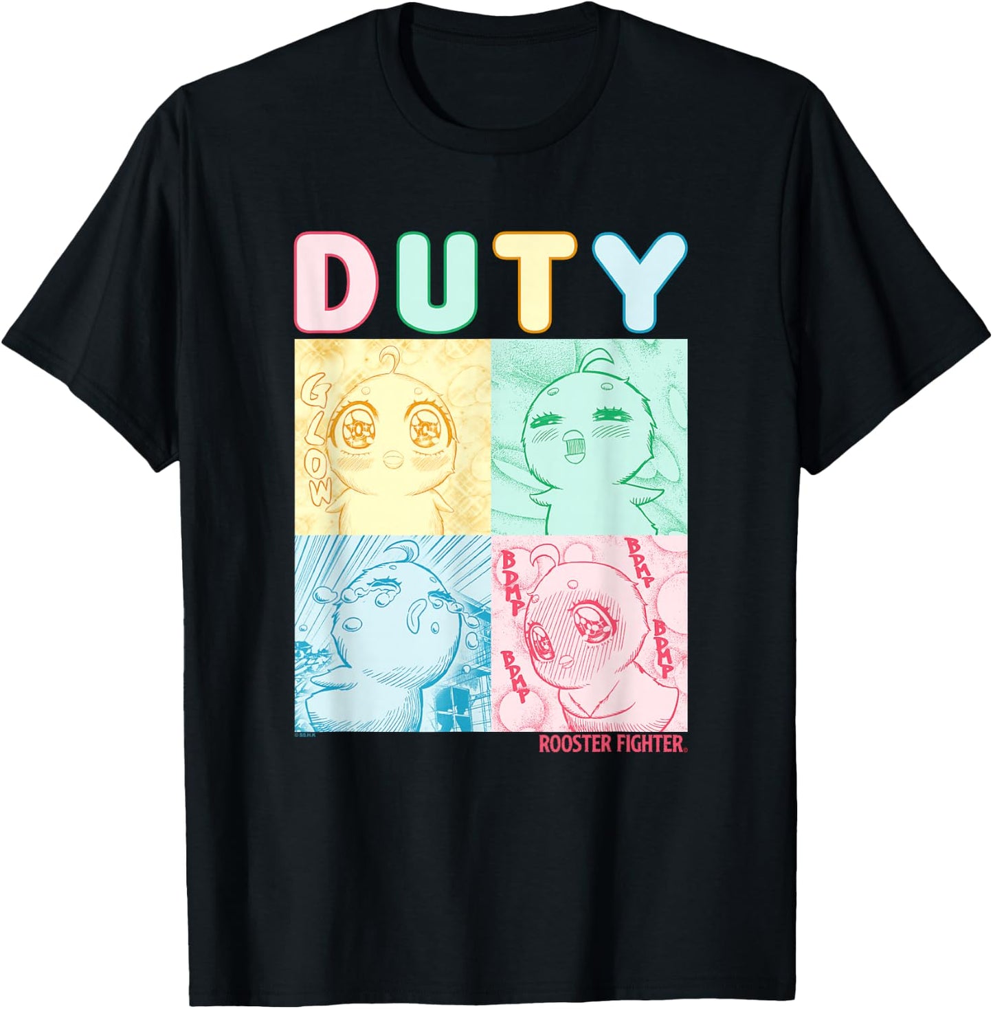 Rooster Fighter Duty Piyoko Colorful Panels Manga Poster T-Shirt - T-Shirt | Black