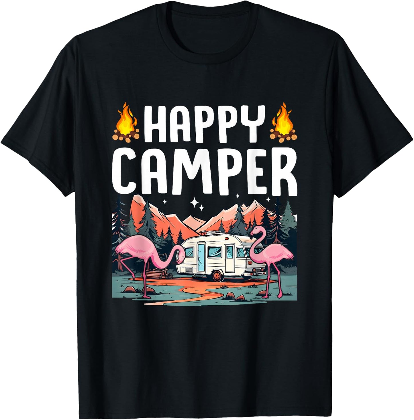 Happy Camping Flamingo Tropical Summer Vacation Camper T-Shirt - T-Shirt | Black