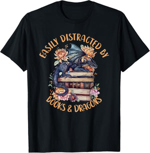 Easily Distracted By Books & Dragons Romantasy Book Lover T-Shirt - T-Shirt | Black
