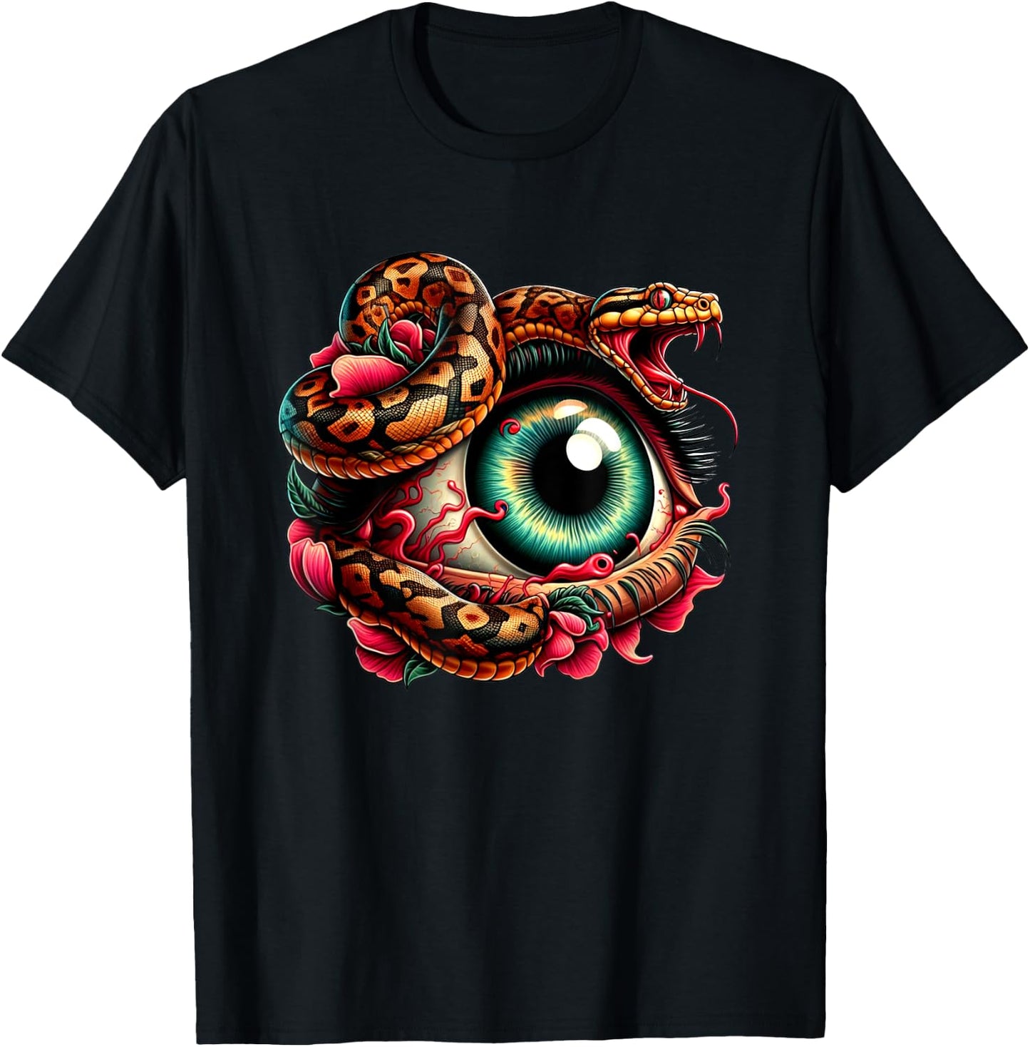 Angry Striking Snake Eye Eyeball Creepy Snake Lovers Design T-Shirt - T-Shirt | Black