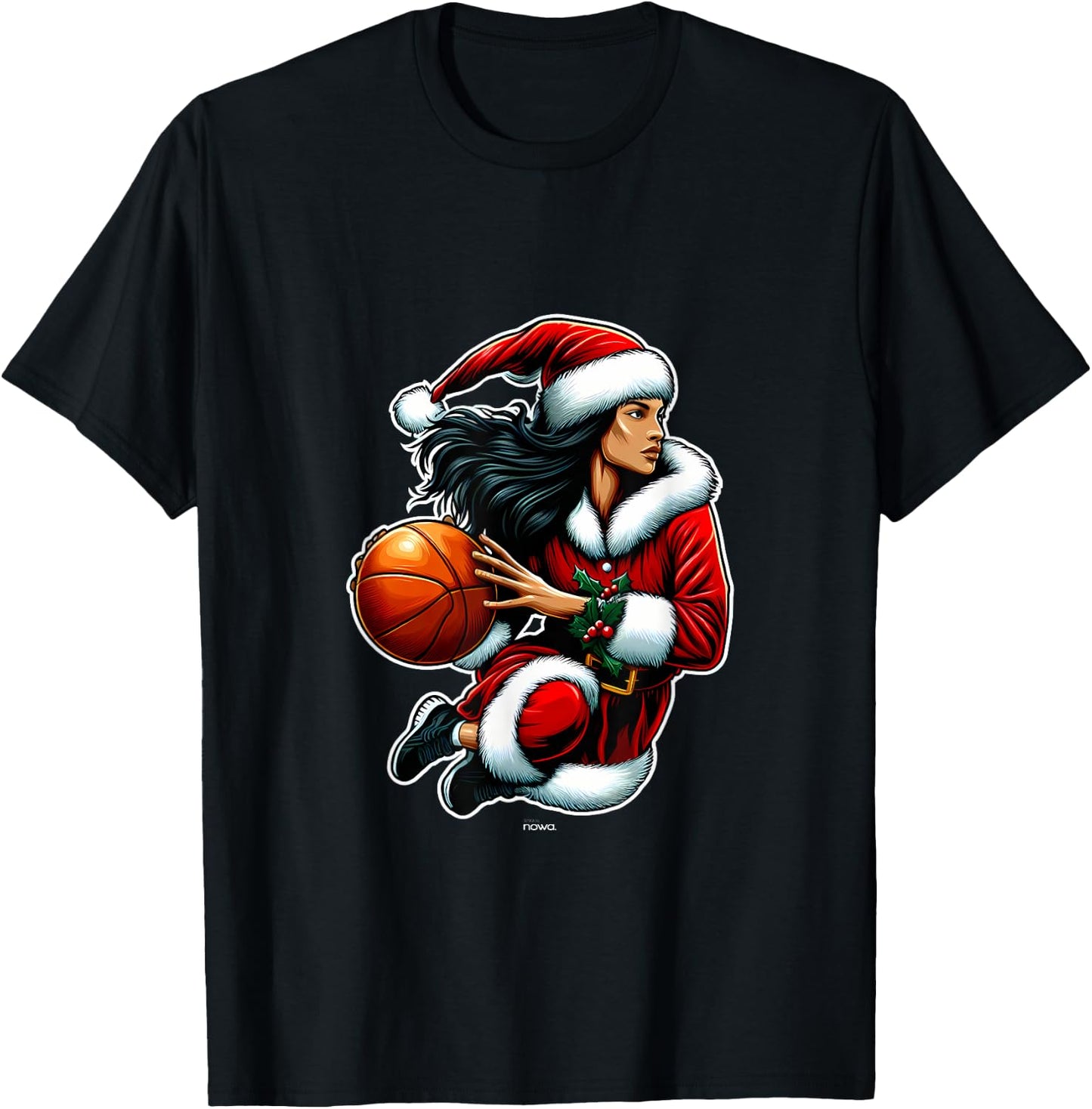 Pretty Miss Santa Claus Playing Basketball Christmas T-Shirt - T-Shirt | Black